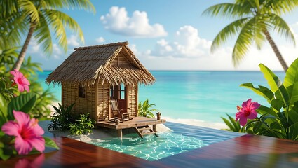 Small tropical hut on stilts over clear turquoise water with pink hibiscus flowers and palm trees bungalow