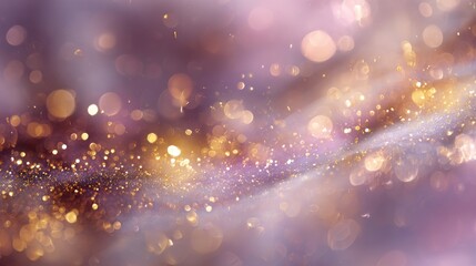  Glittering golden light waves on a soft purple and lavender blurred background, dreamy sparkling particles in motion for festive, magical, and elegant design or celebration decorative concepts