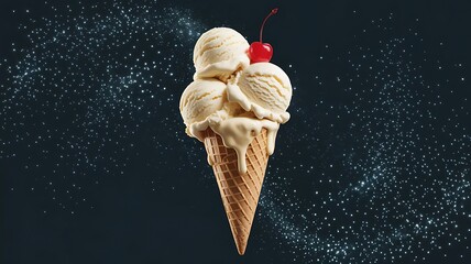 Vanilla ice cream cone with cherry topping melting against a dark background with sparkling lights waffle cone