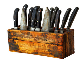 Rustic wooden knife block filled with various knives