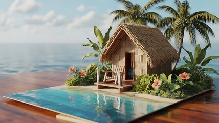 Miniature tropical beach scene with hut pool and palm trees on a wooden surface Keywords: tropical, beach, hut