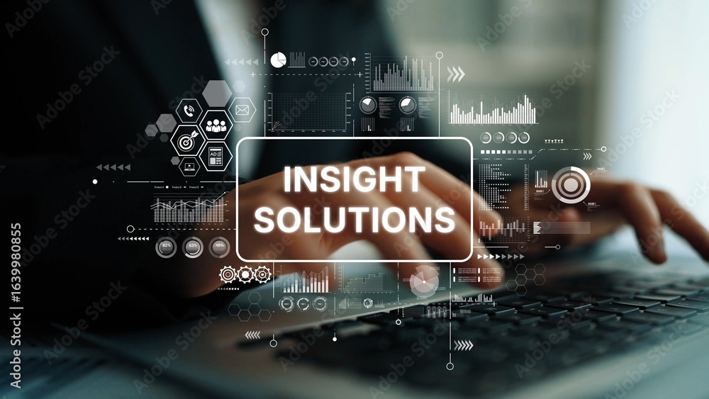 Poster business professional typing on laptop with data analytics graphics and insights solutions overlay i