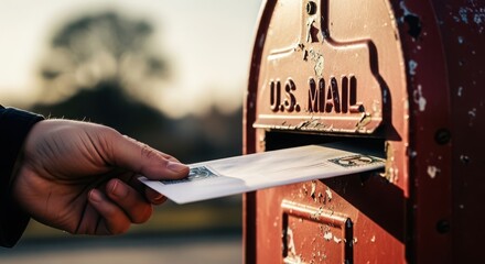 Close up of a hand inserting a letter into a red us mail mailbox
