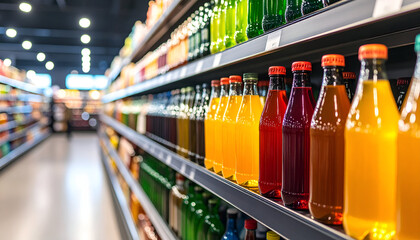 Colorful Drinks on Supermarket Shelf.