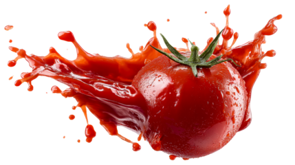 Juicy tomato with a dynamic splash of red liquid