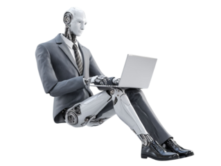 PNG of A humanoid robot in a business suit sits, using a laptop with advanced technology features.