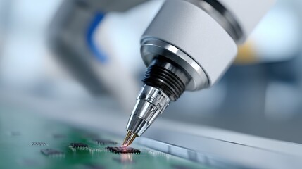 Robotic arm precisely assembling electronic components on a production line, industrial automation. Efficiency, manufacturing. Sterile, precise.