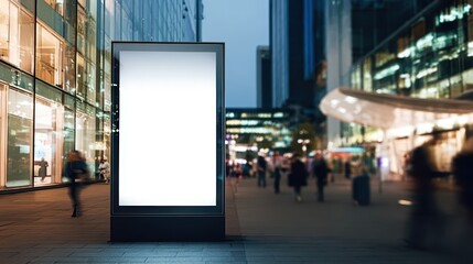 modern urban city center at evening, large vertical billboard with blank white screen in the middle