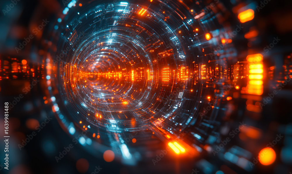 Poster futuristic digital tunnel with glowing orange and blue circuit elements representing quantum computi