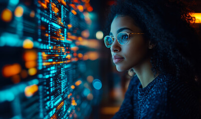 Focused woman with glasses examining digital data streams on transparent screen reflecting advanced technology and programming concepts in futuristic environment