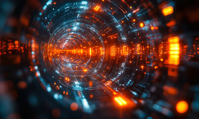 Obraz premium Futuristic digital tunnel with glowing orange and blue circuit elements representing quantum computing data flow and ion trap technology concept