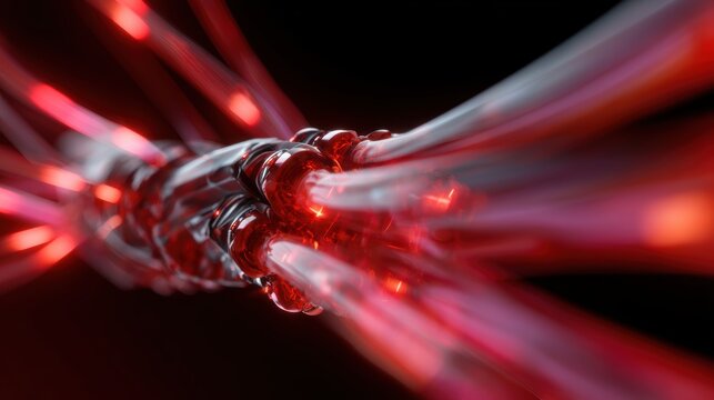 Abstract background: Flowing energy patterns creating dynamic movements of robotic components, mechanical synergy. Engineering, motion. Red, fluid.
