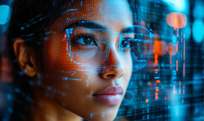 Close-up of focused woman wearing digital augmented reality glasses with futuristic data visualization and blue orange glowing interface reflections on face for technology innovation concept