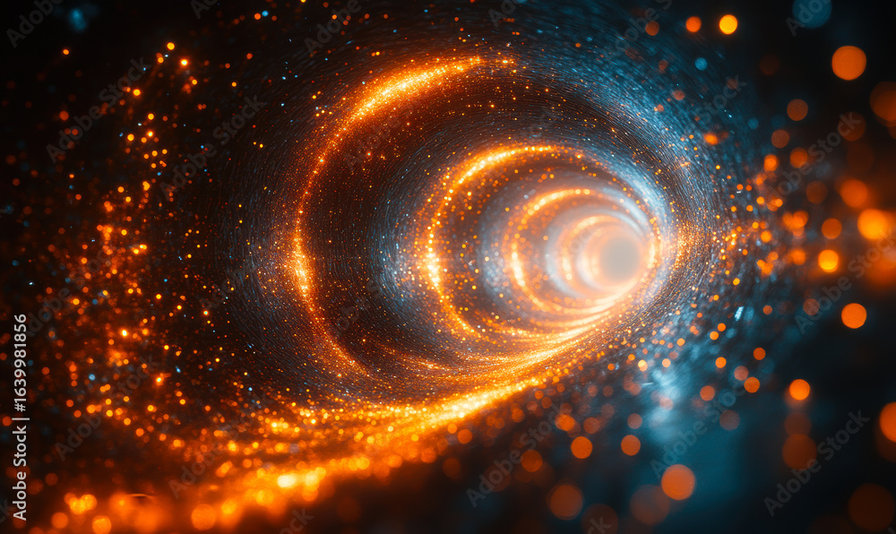 Poster abstract glowing golden tunnel with swirling particles and light effects representing digital data f