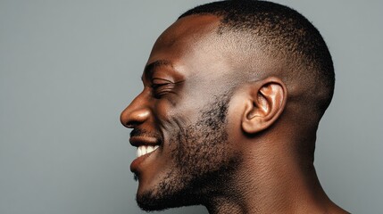 Obraz premium Smiling Black Man in Profile on Grey Background, Showing Positive Emotion