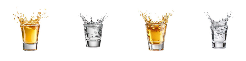 Set of Whiskey and water splashing in shot glasses isolated on transparent background