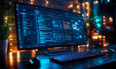 Curved widescreen monitor displaying complex programming code and data analytics on dark interface with neon blue and red highlights in dimly lit modern workspace with keyboard and mouse