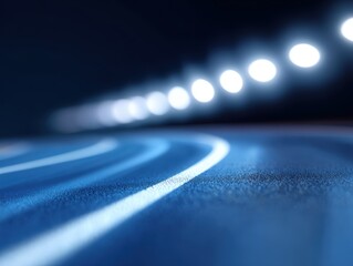 Abstract background: Glowing paths forming a running track, symbolizing progress and achievement in fitness. Goal-oriented, journey. Blue, dynamic.
