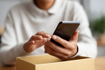 Hands managing online returns through a mobile app, seamless post-purchase experience. Customer service, convenience. Digital, clear.