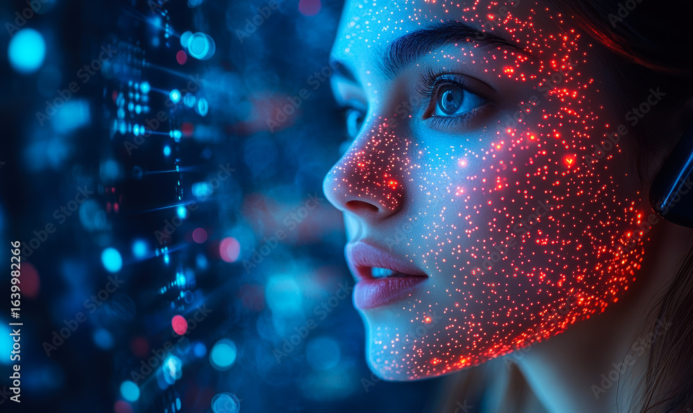 Aufkleber close-up profile of young woman with digital red light patterns on face looking at glowing holograph