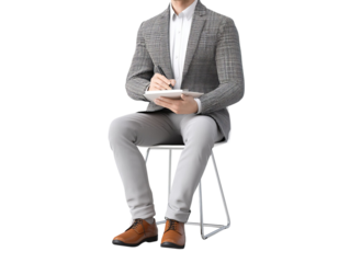 PNG of A well-dressed man in a blazer sits on a minimalist chair, jotting notes on a tablet, exuding professionalism.