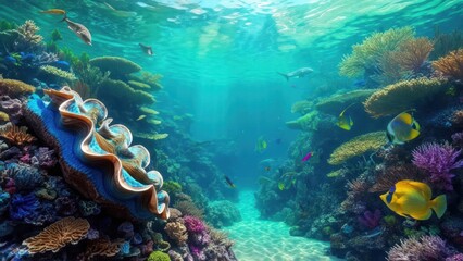 Fototapeta premium Sunlit Coral Canyon with a Majestic Giant Clam and Vibrant Marine Life
