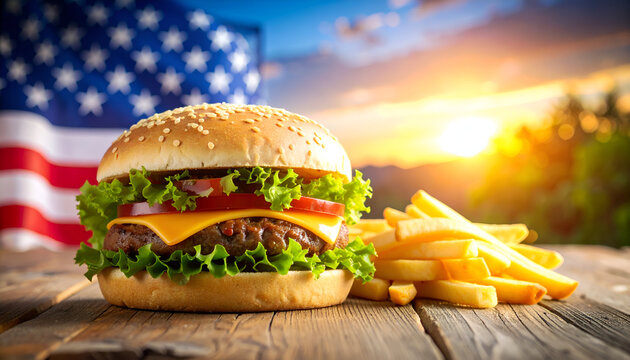 Cheeseburger with fries, sunset, and flag.