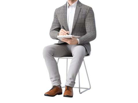 PNG of A well-dressed man in a blazer sits on a minimalist chair, jotting notes on a tablet, exuding professionalism.