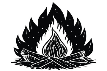 Bold monochrome bonfire with detailed flames and crisscrossed logs creates a rustic silhouette