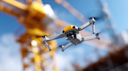 Drones and AI monitoring construction site safety, preventing accidents. Occupational safety, automation. Industrial, vigilant.