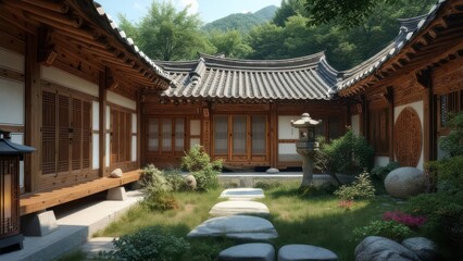 Sunlit Traditional Korean Hanok Courtyard with a Serene Garden and Mountain Scenery