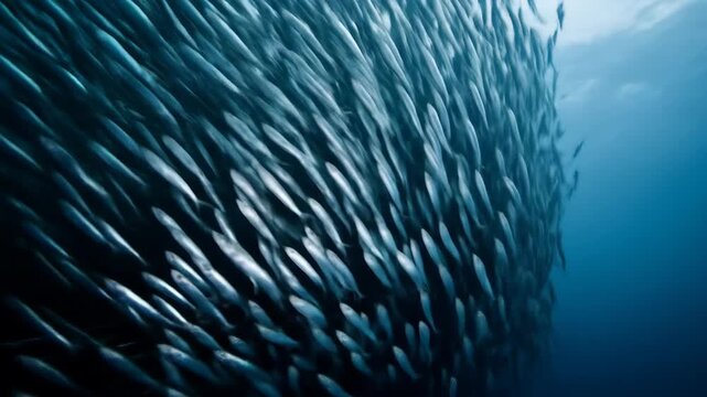 Massive Sardine Bait Ball Underwater - A large school of sardines forms a massive, swirling bait ball in the deep ocean. Thousands of silver fish create a mesmerizing underwater spectacle.