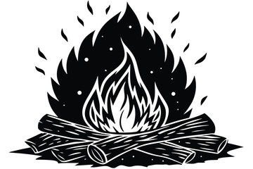 Black bonfire shows burning campfire with hot flame emitting heat and light