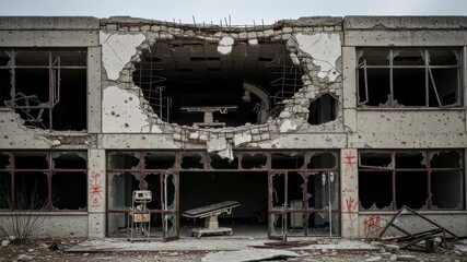Heavily damaged hospital building with a large hole and abandoned medical equipment, aftermath of wartime conflict footage.