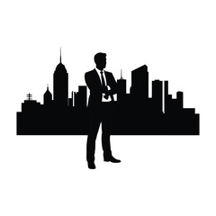 Silhouette of a businessman checking his watch against a city skyline
