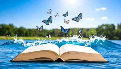 Open book with butterflies, lake, and summer.