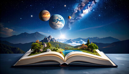 Open book with fantasy landscape, and planets.