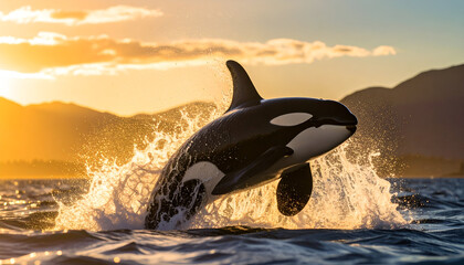 Orca leaping sunset ocean wildlife.