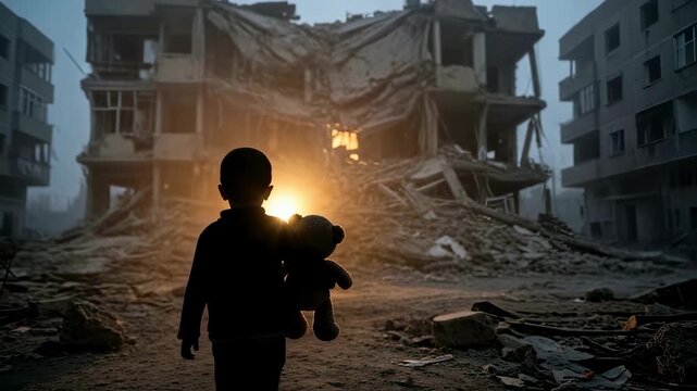 Child silhouette holding teddy bear in devastated city ruins with glowing background light, symbolizing hope after conflict footage.