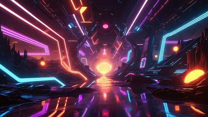 Fototapeta premium Vibrant Neon Sci Fi Landscape With Reflective Water