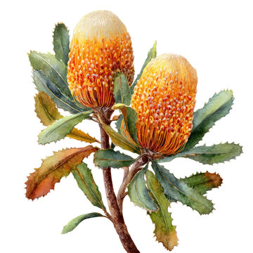 Two vibrant, botanical, Australian  acacia pods, rendered with detailed leaves.  Close-up, watercolor style