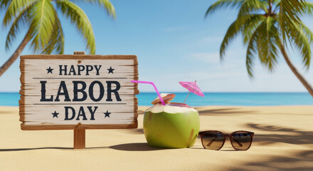 Happy labor day wooden sign with coconut drink and sunglasses on a tropical beach