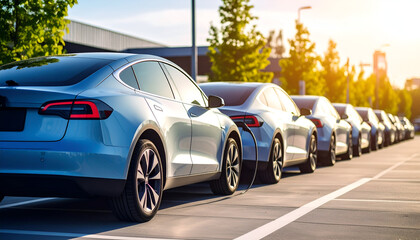 Electric cars charging urban parking lot.