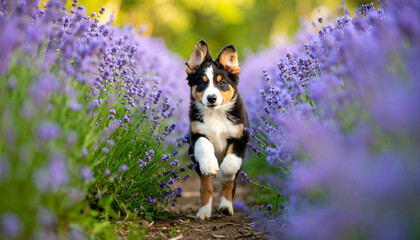 Puppy running lavender field.