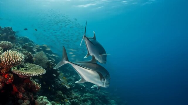 Giant Trevally Hunting near Coral Reef - Two large Giant Trevally fish swim near a vibrant coral reef, one appearing to interact with the other.