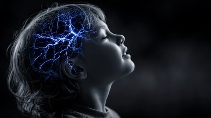 Obraz premium Child with bright lightning inside their head, profile view, dark background