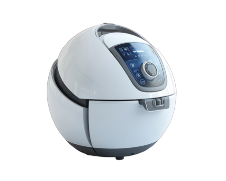 Spherical, white vacuum cleaner with control panel.  Features a rounded design,  integrated controls, and a visible dustbin compartment.  Modern, futuristic aesthetic