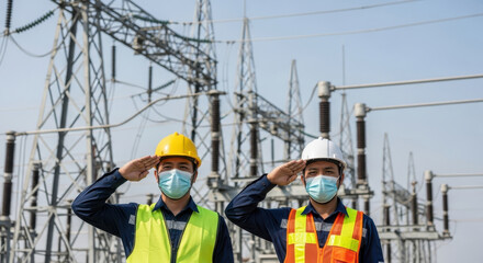 Fototapeta premium Two engineers wearing masks saluting in front of a power plant on a sunny day
