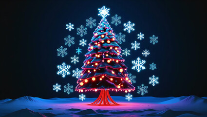 Glowing Christmas Tree Surrounded by Snowflakes and Festive Lights