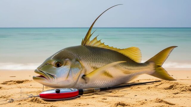 Roosterfish Catch on Tropical Beach - A large roosterfish lies on a sandy beach with its distinctive dorsal fin raised.